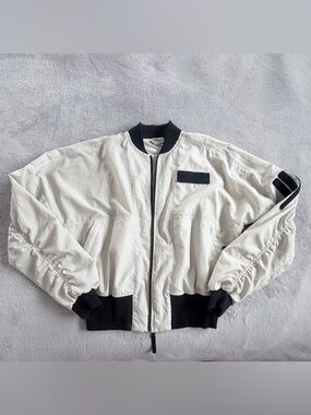 adidas Parley Light Gray Cropped Bomber Jacket with Black Ribbed Waist $220 S